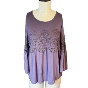 Spence Y2K Boho Paisley Lace Bell Sleeve Lilac Purple Lightweight Flowy Top Sz M